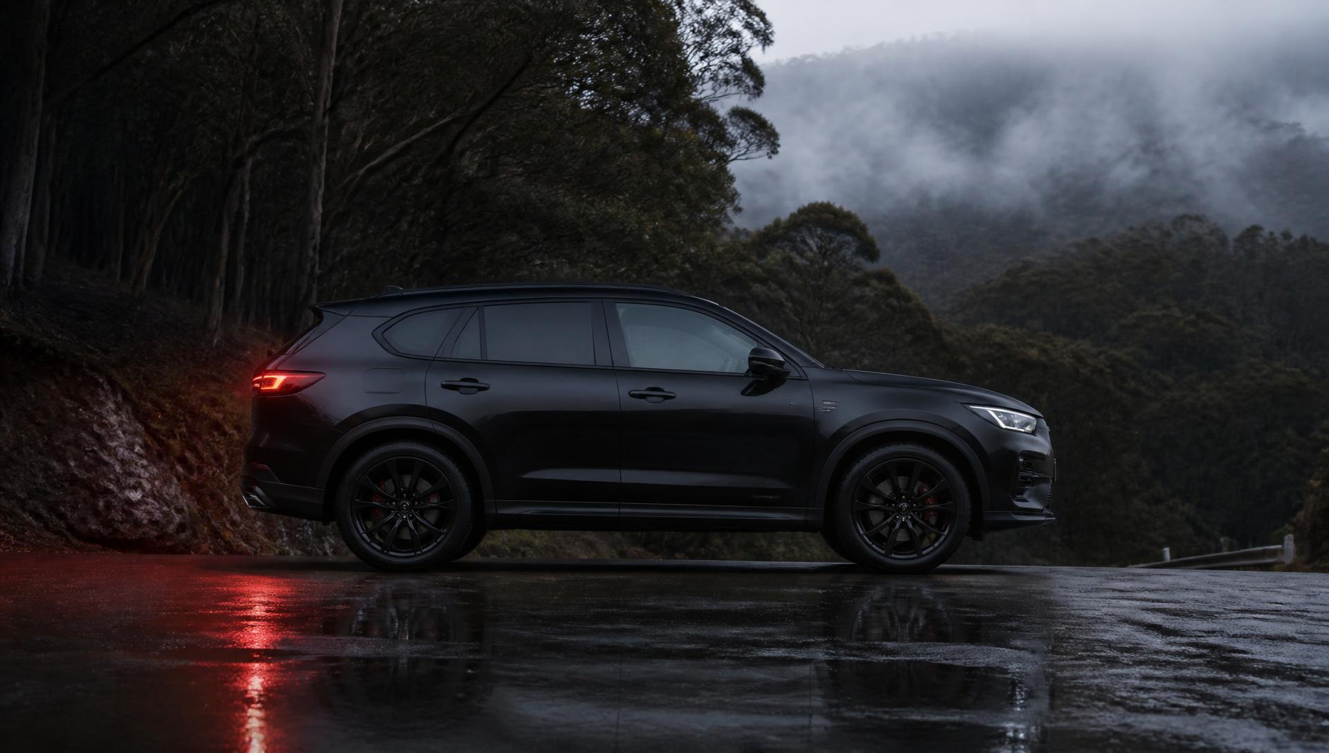 Freshly detailed black SUV on a misty Perth Hills road
